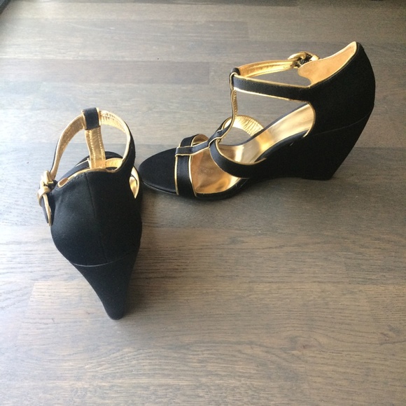Coach | Black Satin Gold Trim Wedge Heel Sandals - Picture 5 of 8